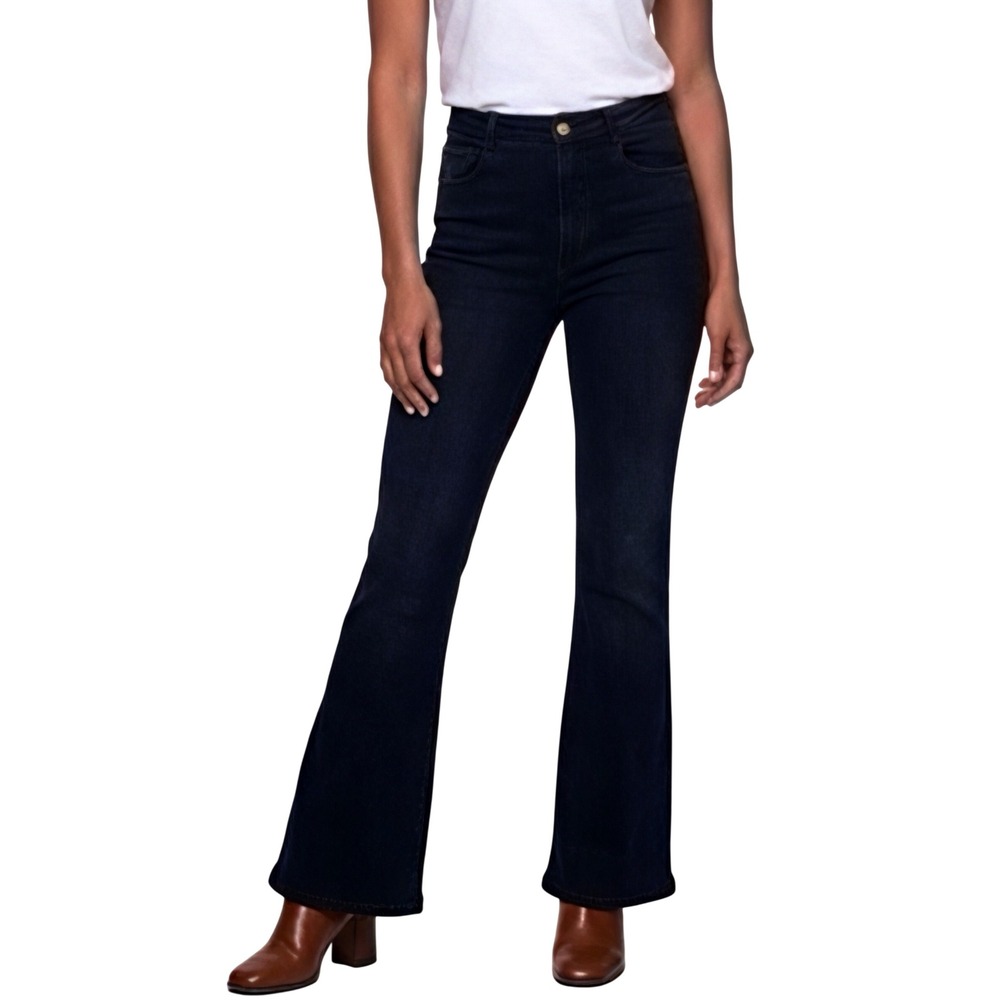 Zara Women High‎ Rise Flare Jeans Indigo Blue Contrast Stitch Front Seam Size 12